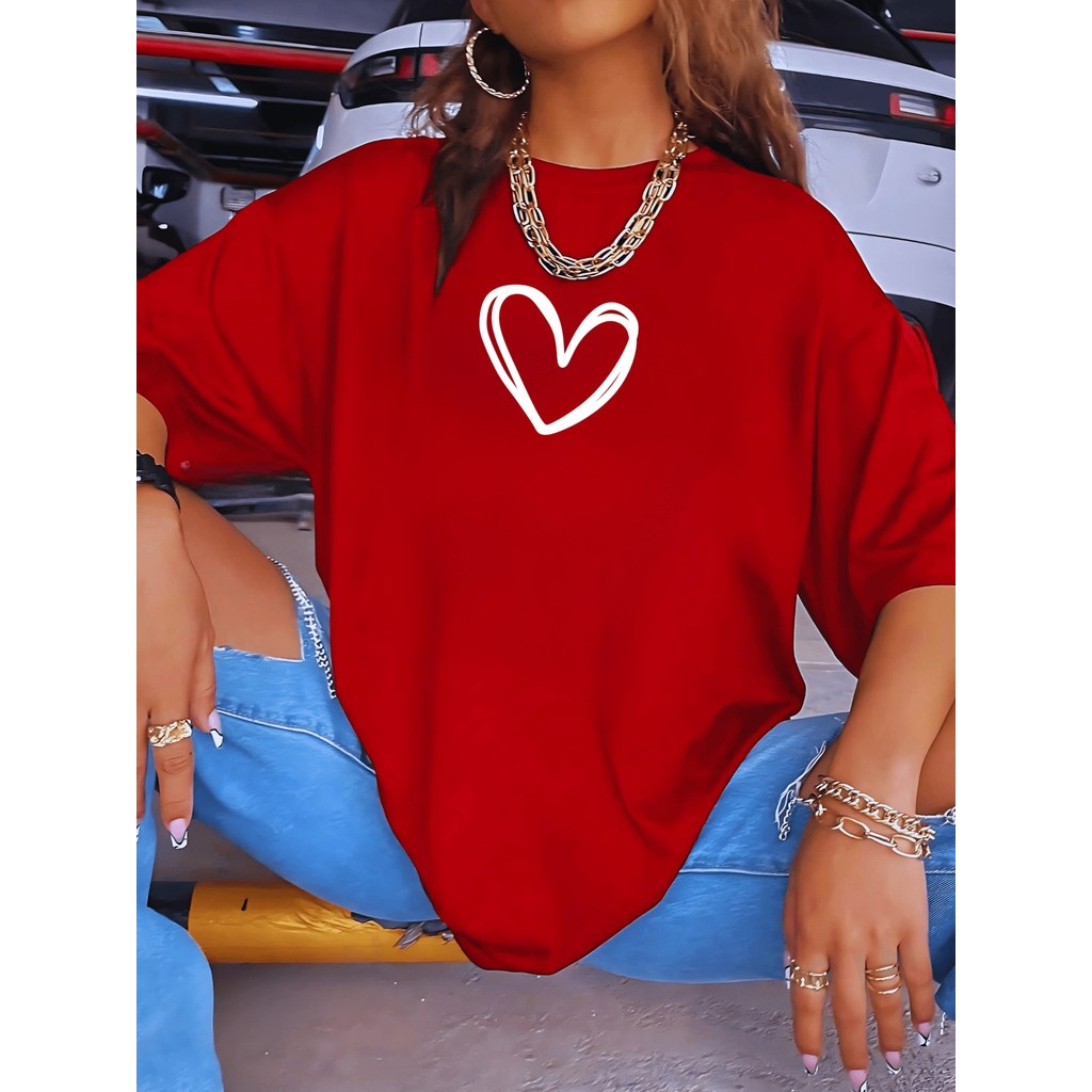 Camiseta Oversized Feminina Basica Gola Redonda 1 Coração T-Shirt Camisa