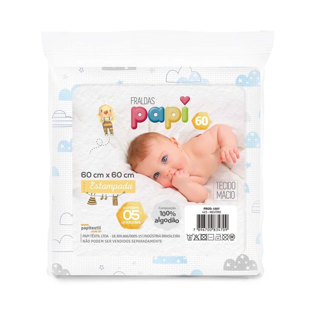 Fralda Papi 60x60 Estampada 100% Algodão C/5 Unidades Menino em Oferta na Shopee