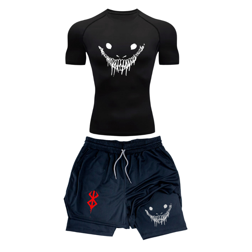 Kit Treino Academia Camiseta Compressao E Short Smile Gotico Berserk Simbolo Red Gym