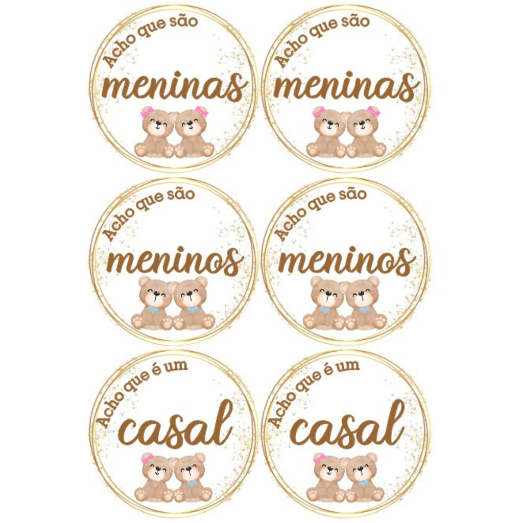Adesivo Chá Revelação Gêmeos Meninos, Meninas e um Casal Ursinho 4,5cm ***Envio Imediato***