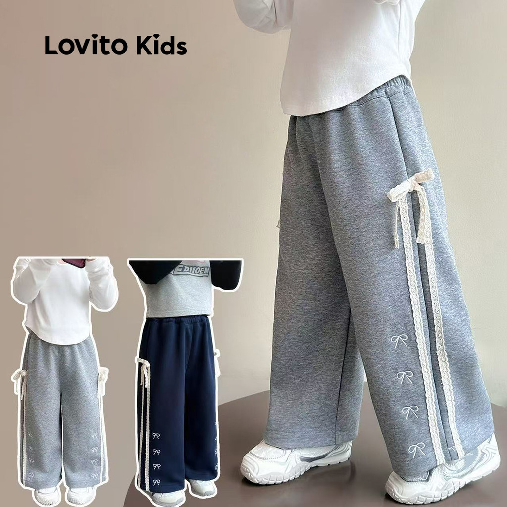 Lovito Kids Calças Fofas com Laço Na Cintura Primavera/verão Calças Cinza para menina LNL123072 em Oferta na Shopee
