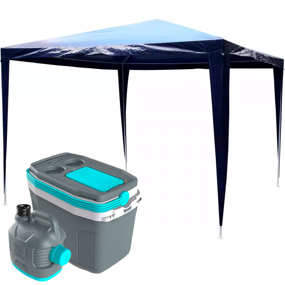 Kit Praia Tenda Gazebo Azul 3x3 Metros Kala Cooler Cinza 20 Litros Garrafão 5 Litros Cinza Termolar