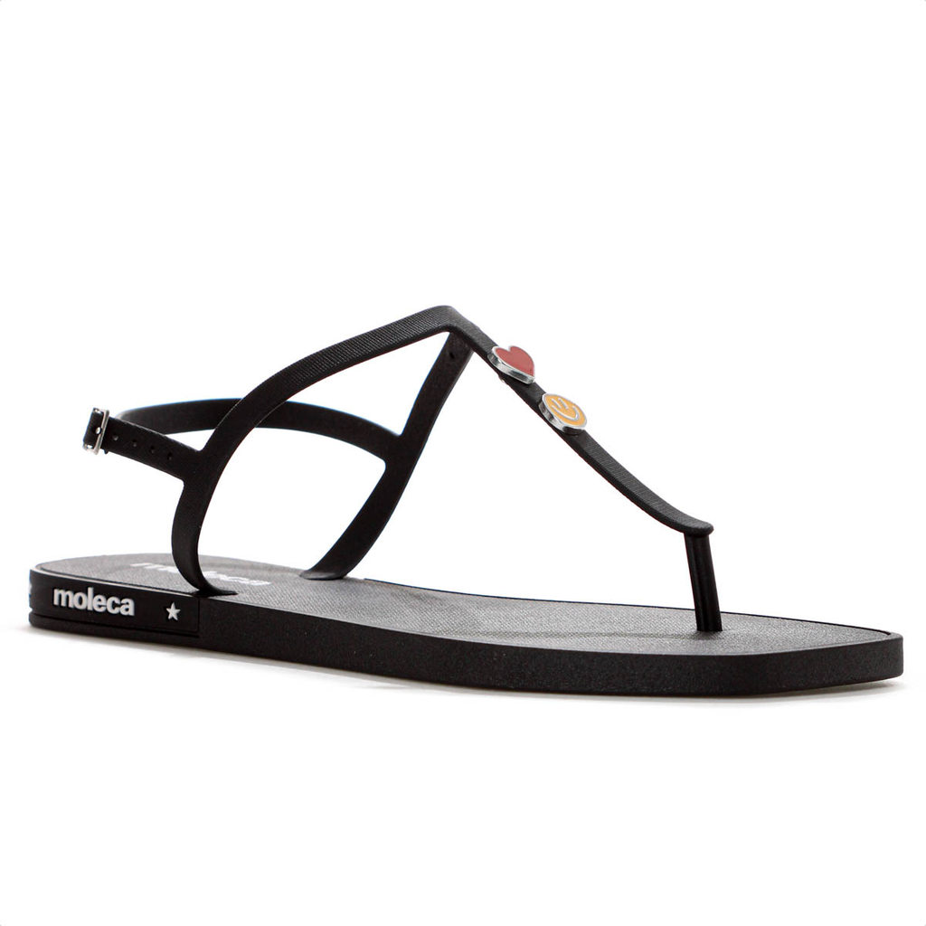 Sandália Moleca Tira Pronta Pin Emoji Preto - Feminino