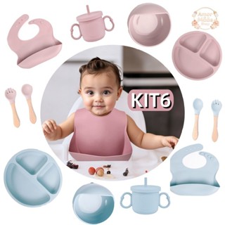 Kit Talheres bebê silicone 6Peças Talheres Infantil Com Ventosa Canudo Colher Babador JJ em Oferta na Shopee