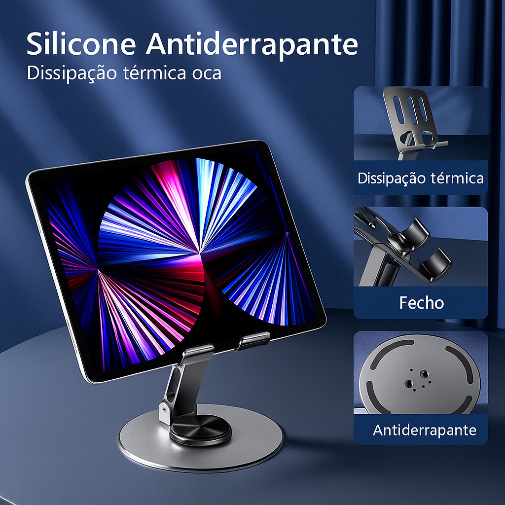 Suporte Espaço Alumínio de Mesa Base Rotatória Ajustável 360º Para Smartphones Celular