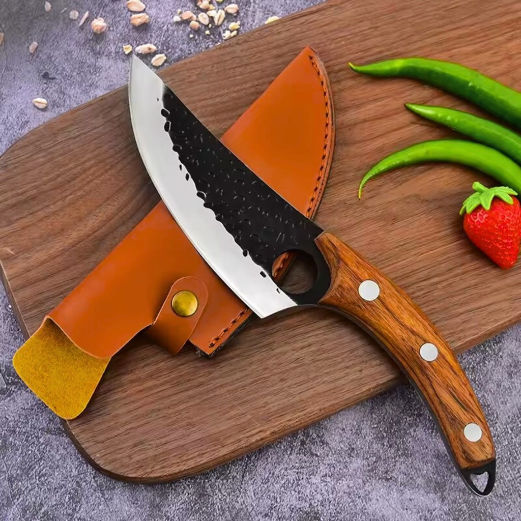 Faca de churrasco cozinha artesanal Artesanal Damasco Gourmet Profissional afiada aço inox C/bainha em couro legítimo