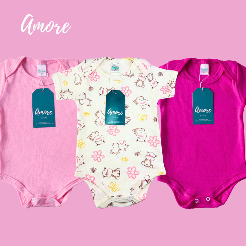 3 Bodys Manga Curta Amore Menina - Suedine 100% Algodão