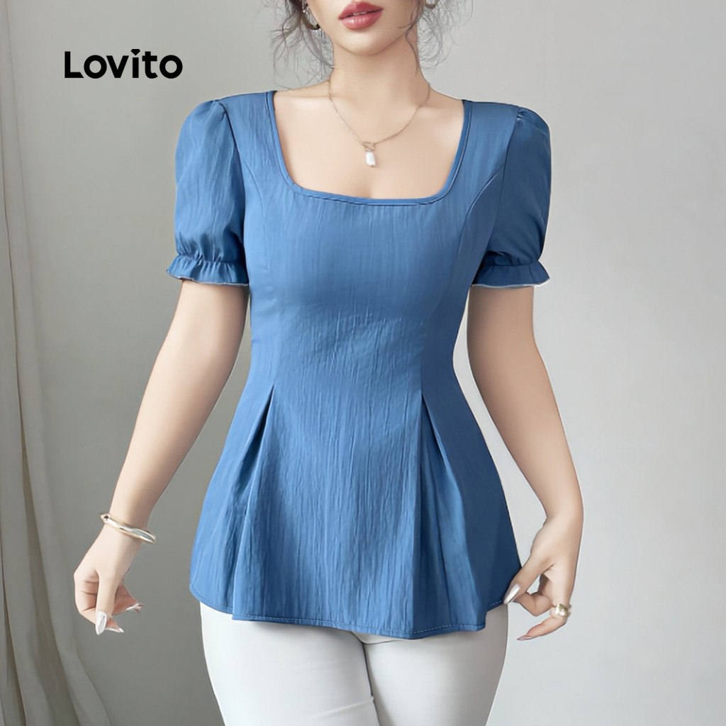 Detalhes do Blusa Azul Feminina Elegante com Zíper e Cadarço Plissado Textura Suave para Primavera e Verão L141LD025