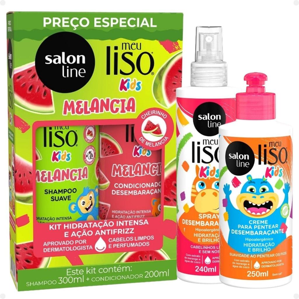 Kit Salon Line Meu Liso Kids: Shampoo 300ml e Cond 200ml Melancia + Creme 250ml e Spray 240ml