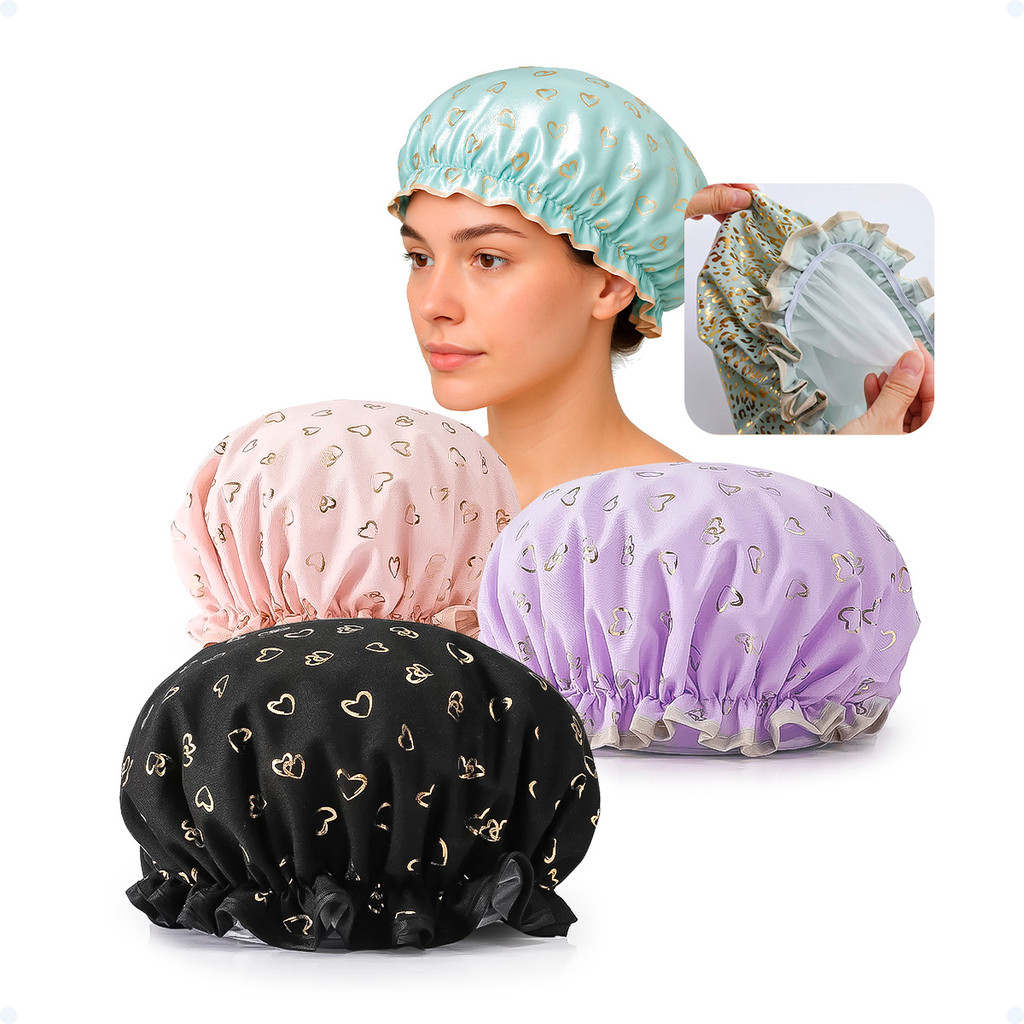 Kit 3 Toucas De Banho Camada Dupla Impermeável Plástico Dupla Face Com Elástico Confortável Premium