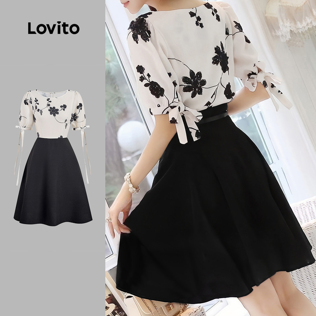 Lovito Vestido Elegante em Bloco de Cores com Laço Primavera/verão Vestido Preto e Branco para Mulheres L158AD136 em Oferta na Shopee