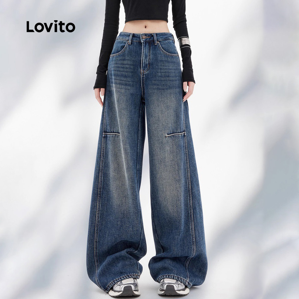 Lovito Jeans Casuais Rasgado com Bolso Primavera/verão Jeans Azul Escuro para Mulheres LNE121182