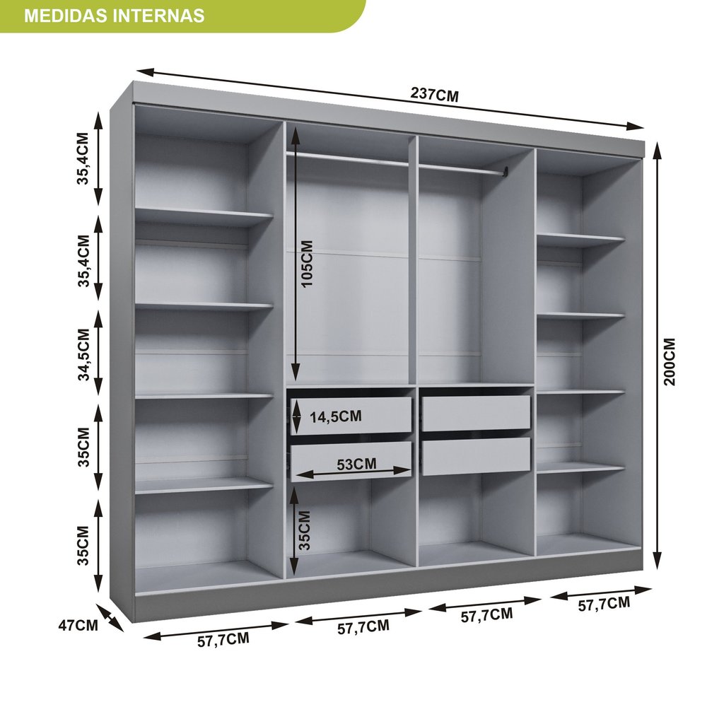 Detalhes do Guarda Roupa Casal 8 Portas 4 Gavetas Paris Espresso Móveis Cinza