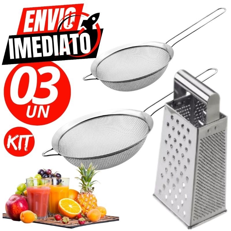 Conjunto 1 Ralador 2 Peneiras Inox Coador Fatiador 4 Faces Alimentos Utensilios Cozinha Casa Buffet