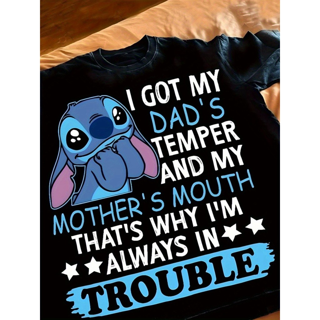 BR Moonlight Camiseta Masculina Disney Stitch "I Got My Dad's Temper" Estampa Divertida Confortável Solta Estilosa