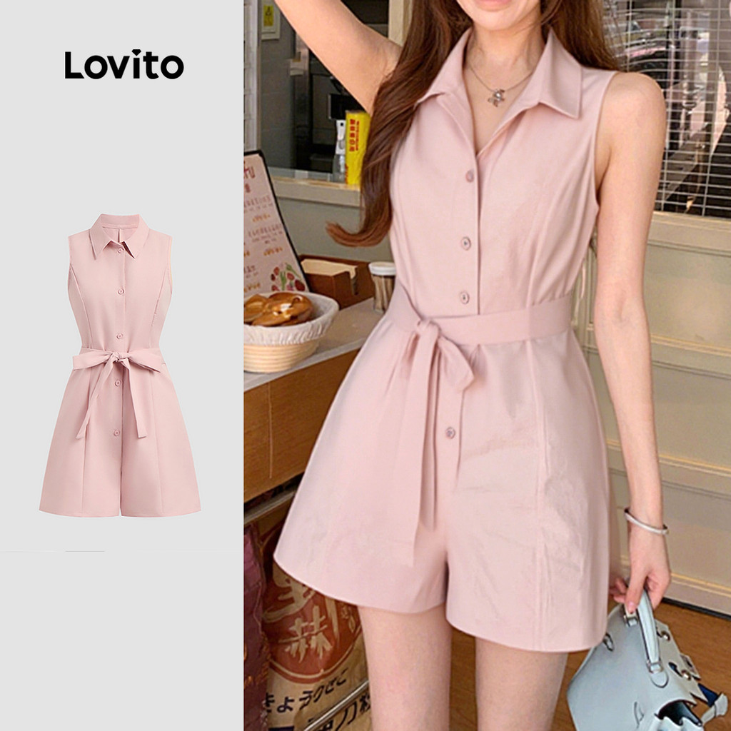 Lovito Macacão Casual com Cinto com Botões Na Primavera/verão Rosa para mulheres L150ED361 em Oferta na Shopee