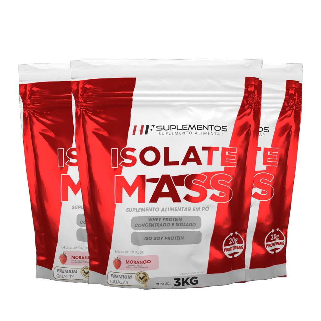 Kit 3 unidades Hipercalórico Isolate Mass Morango 3KG Em Pó HF Suplementos – Energia, Massa Muscular Magra e Disposição!
