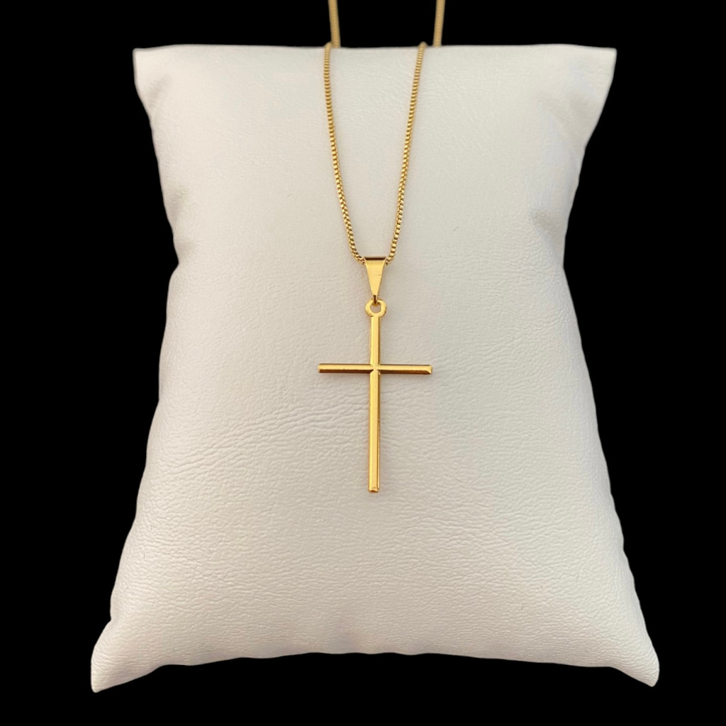 Corrente Veneziana + Pingente Cruz Palito 70 cm Banhados a ouro 18k Cordão Masculino e Crucifixo aço inox