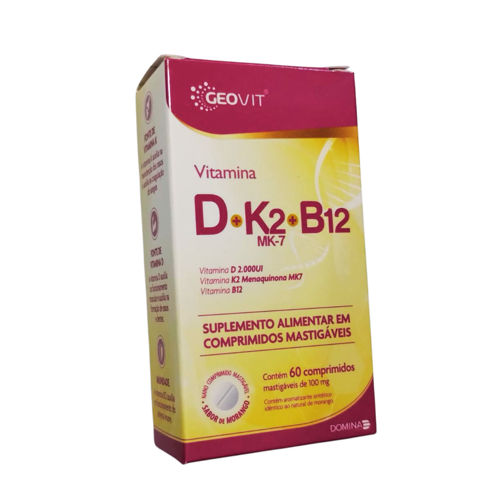 Vitamina D + K2 Mk7 + B12 Geovit Sabor Morango c/ 60 Un