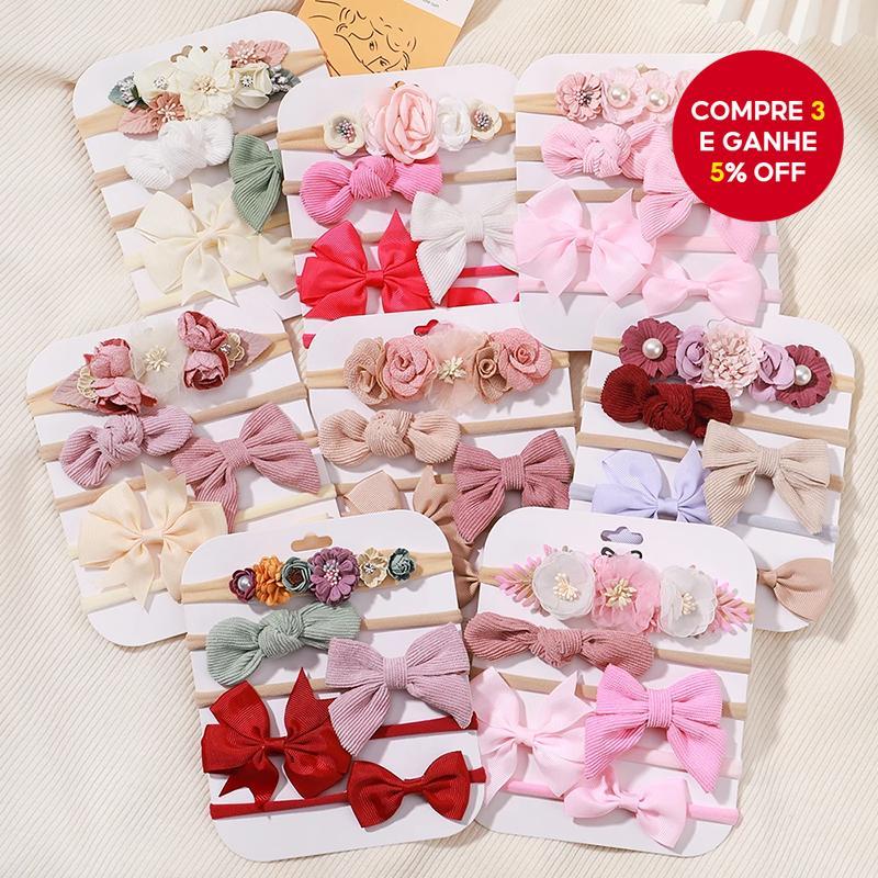Conjunto com 5 faixas de cabelo para bebê, acessórios rosa e vermelho, feitos à mão.