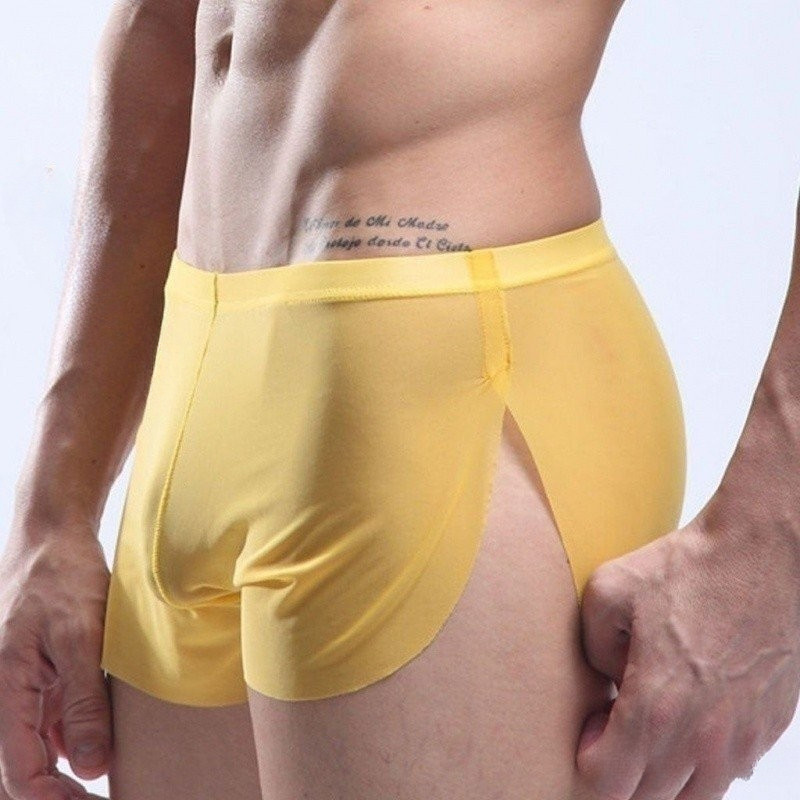 GUOJH Malha Underwear Casa Arro Calças Lado Dos Homens Abertura Sexy Boxer Underwear Transparente Calças Esportivas
