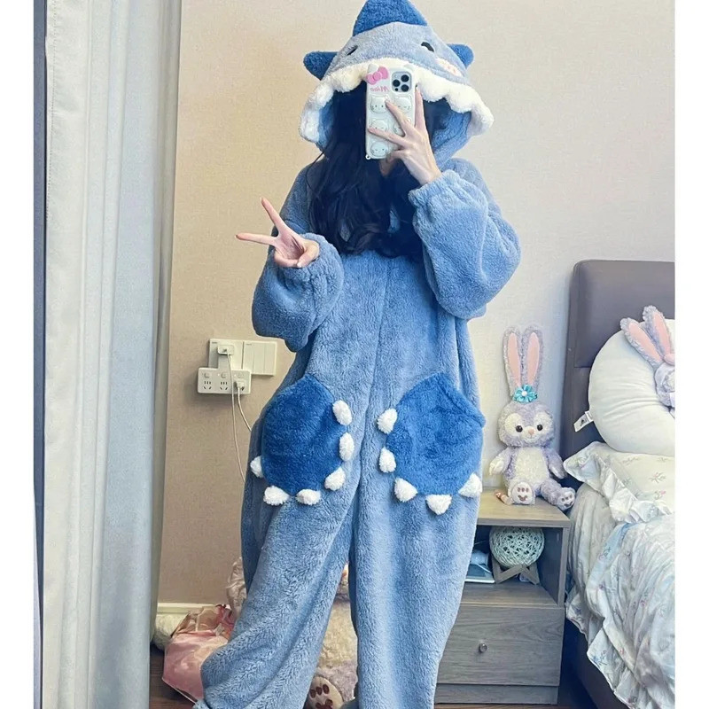 Detalhes do Desenhos Animados Tubarão Azul Feminino Com Capuz Pijamas Kigurumi Unicórnio Inverno Cosplay Pijama Macacão Festa De Nat