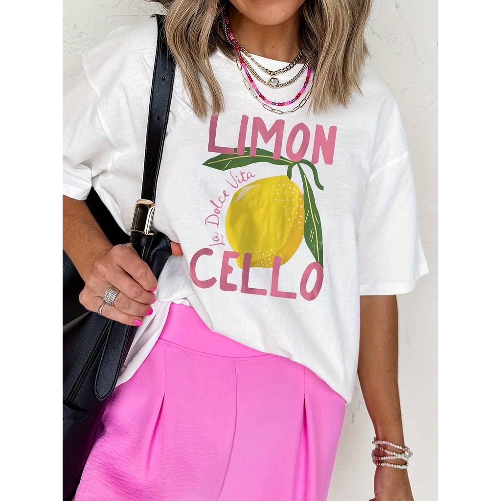Camiseta Feminina Estampada Limão Deliciosa T-shirt Branca Casual Verão Manga Curta Confortável