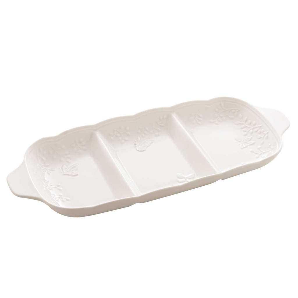 Petisqueira com 3 Divisórias de Porcelana New Bone Butterfly Flower 34cm - Lyor