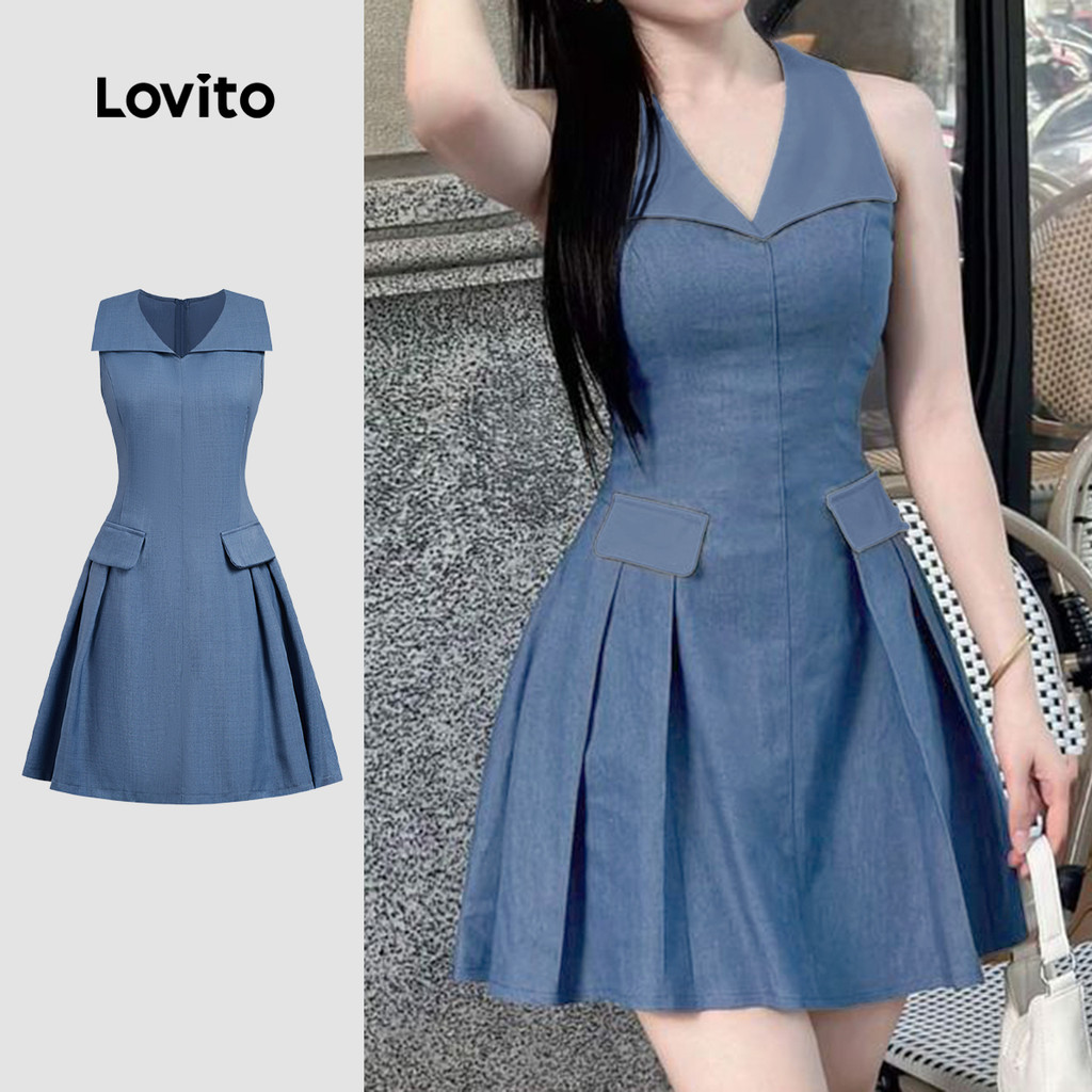 Lovito Vestido Elegante Plissado de Primavera/verão para Mulheres em Azul Escuro L157LD111 em Oferta na Shopee
