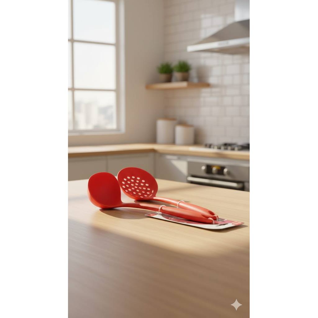 Kit Concha e Escumadeira Silicone Vermelha Utensílios Cozinha Antiaderente Alta Temperatura
