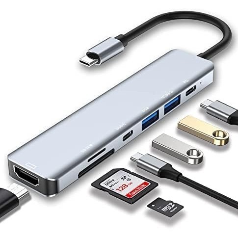 Hub USB C 7 em 1 adaptador com 4K HDMI portas USB-C USB 3.0 leitor cartão SD/TF compatível com MacBook Pro