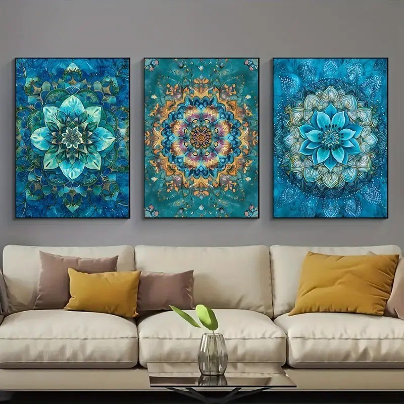 KIT 3 Quadros Mandala Azul Turquesa | Decoração Sala Quarto Zen Moderno em Oferta na Shopee
