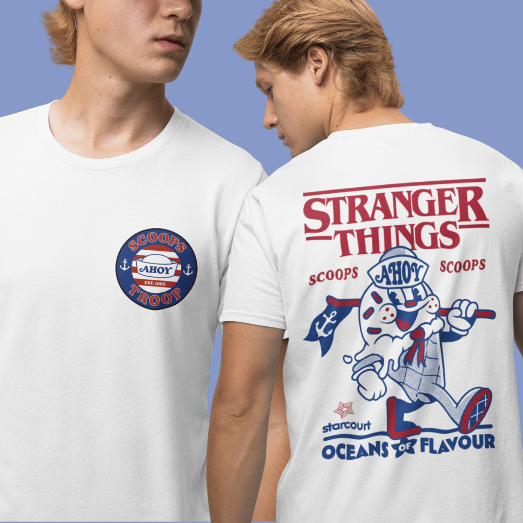 [Camiseta Premium em Algodão Puro]SISI Camiseta Stranger Things Sorveteria Scoops Ahoy Blusa Casual Unissex 100% Algodão