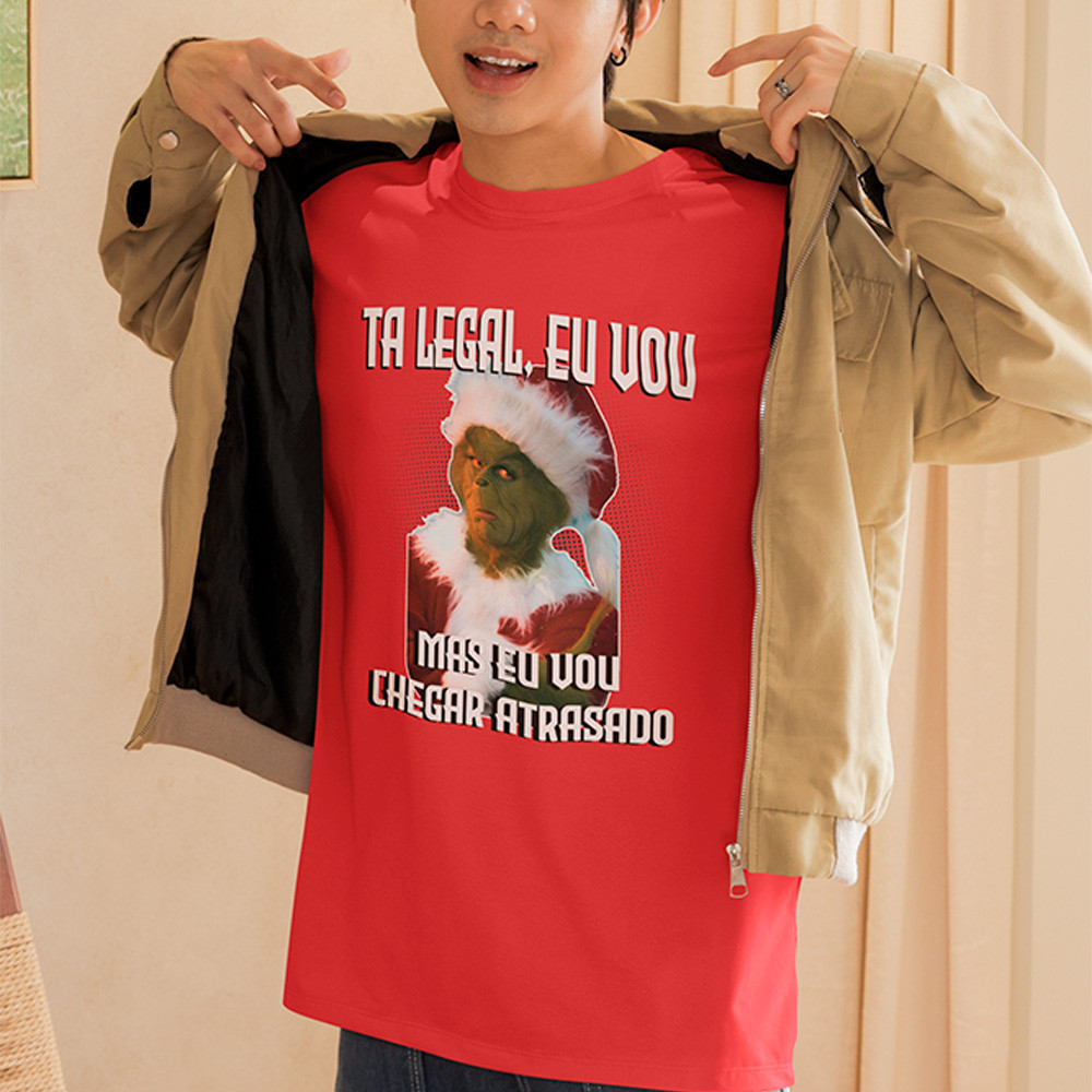 Camiseta Eu Vou Mas Vou Chegar Atrasado Camisa Grinch Natal StreetWear Unissex Algodão 30.1 Premium