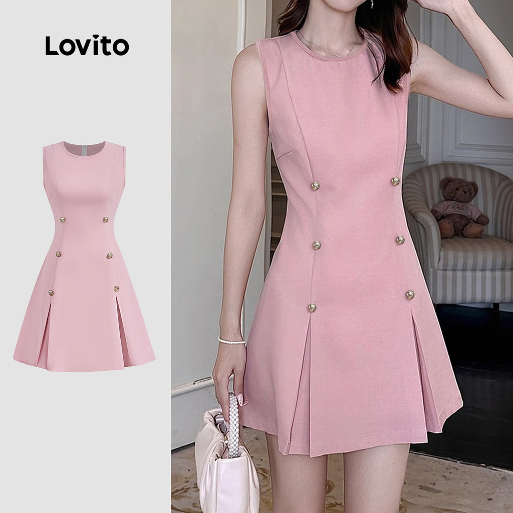 Lovito Vestido Elegante de Linha Estruturada com Fivela de Metal Pregas Primavera/verão Rosa L155ED2366 em Oferta na Shopee
