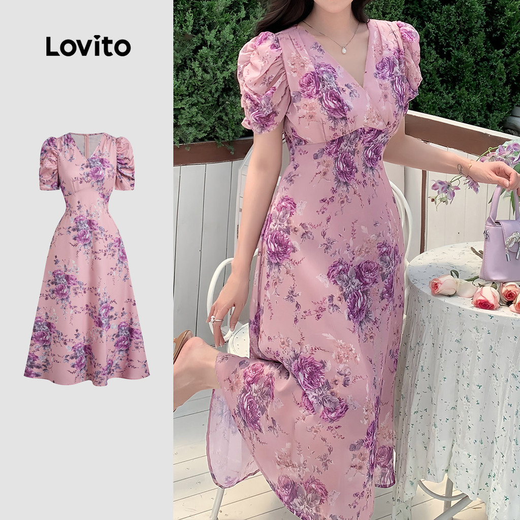 Lovito Vestido Elegante Estruturado com Pregas Primavera/verão Cinza e Roxo para Mulheres L137LD476 em Oferta na Shopee