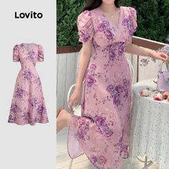 Lovito Férias Vestido Estruturado com Pregas Primavera/verão Cinza e Roxo para Mulheres L137LD476
