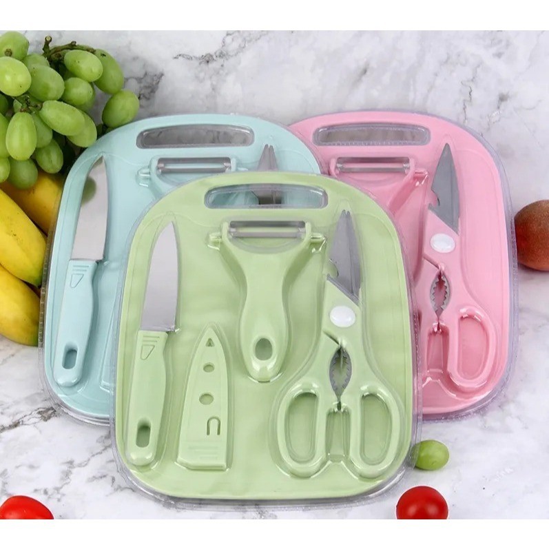 Kit De Utensílios De Cozinha 4 Peças - Faca Tesoura Descascador Tábua Culinária em Oferta na Shopee