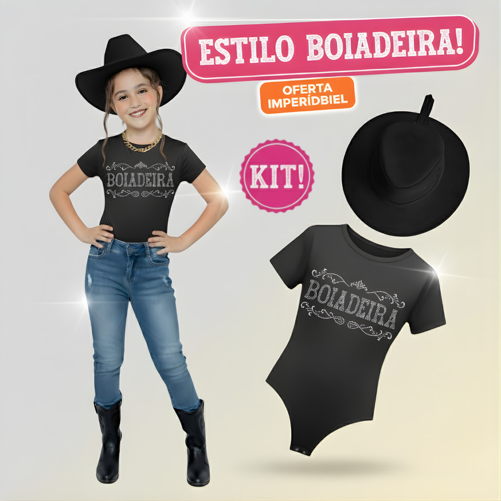 Kit Body Country Infantil Preto/Pink + Chapéu Menina Boiadeira Estampa Premium Look Rodeio e Festas