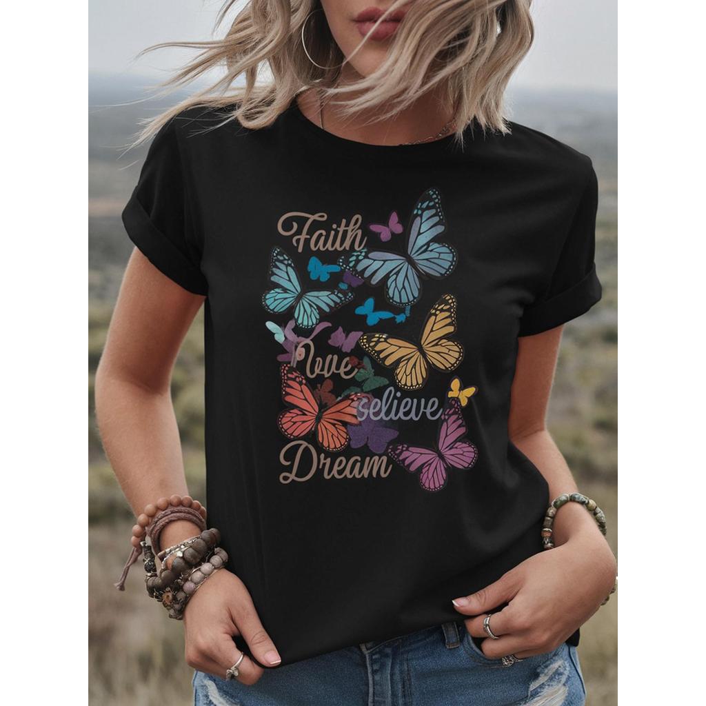 Camiseta Feminina Borboletas Coloridas Padrão Geométrico Confortável Linda Estilosa Moda Casual