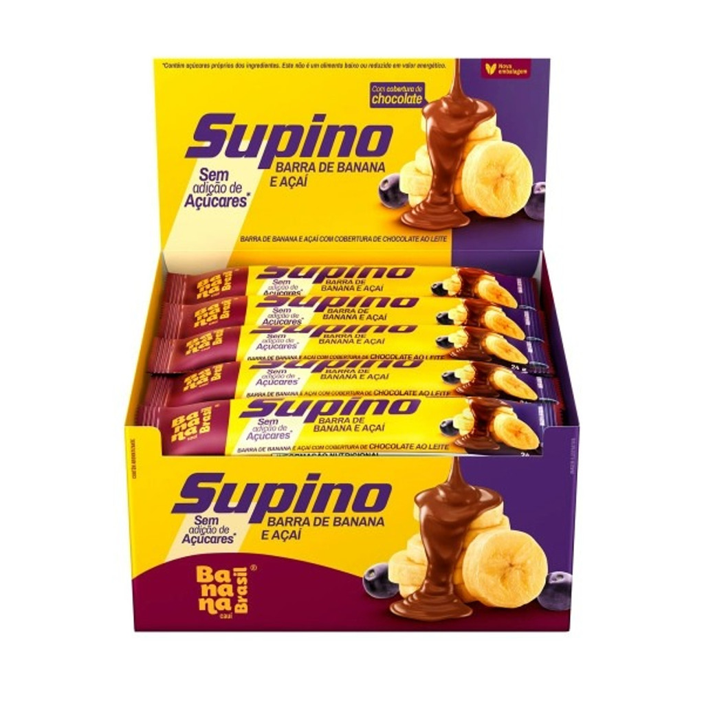 Banana Brasil  - Barra Supino Zero Açúcar -  Display 20x24g - Banana e Açaí com Chocolate ao Leite