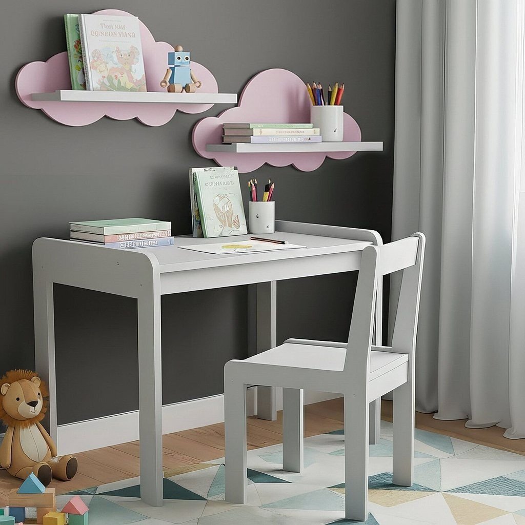 Conjunto Mesa e Cadeira Infantil com 2 Prateleiras Nuvem