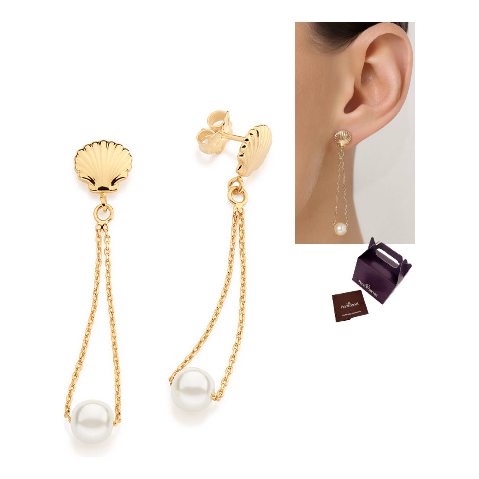 Brinco Rommanel Pêndulo Pérola Concha Banhado A Ouro 527520 em Oferta na Shopee