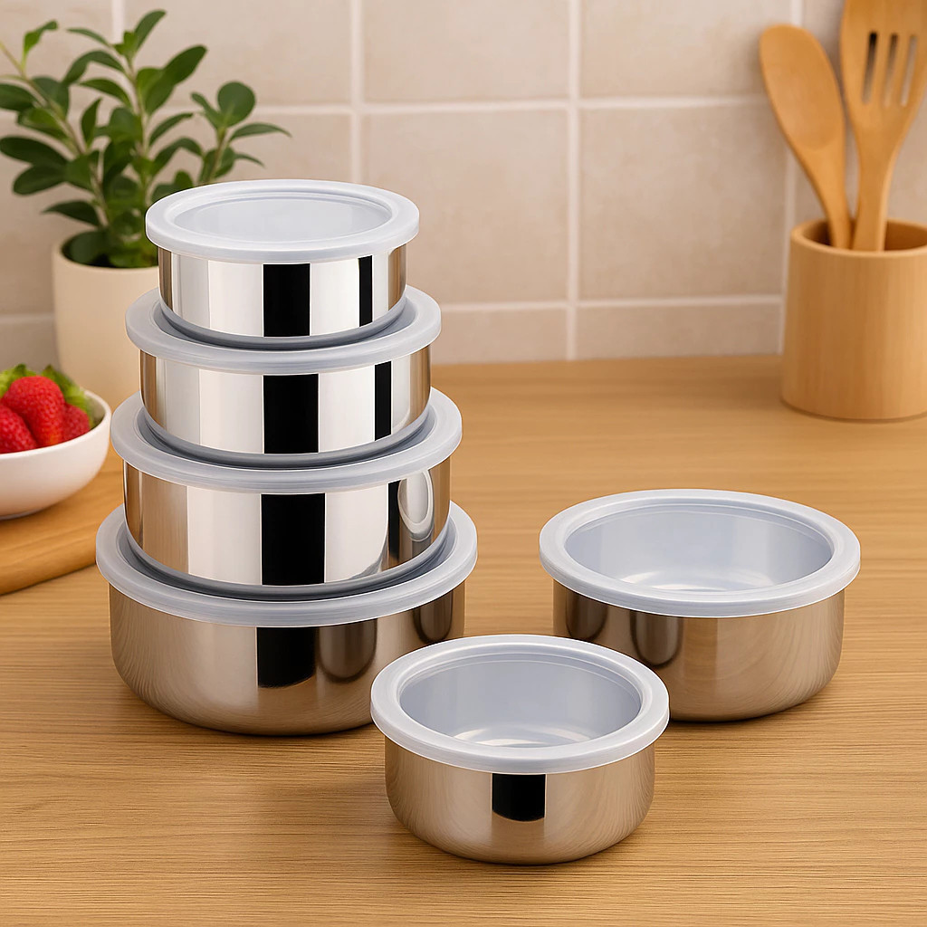 Kit 5 Tigelas Recipiente  Potes Inox Alumínio Cozinha Vasilha Bacia Marmita Conserva Armazenar