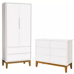 Cômoda 6 Gavetas E Guarda Roupa 2 Portas New Classic Branco Com Pés Madeira - Reller