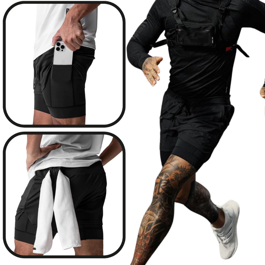 Bermuda Dri Fit Dupla com Forro Compressão Bolso Interno para Celular Anti Odor Proteção UV