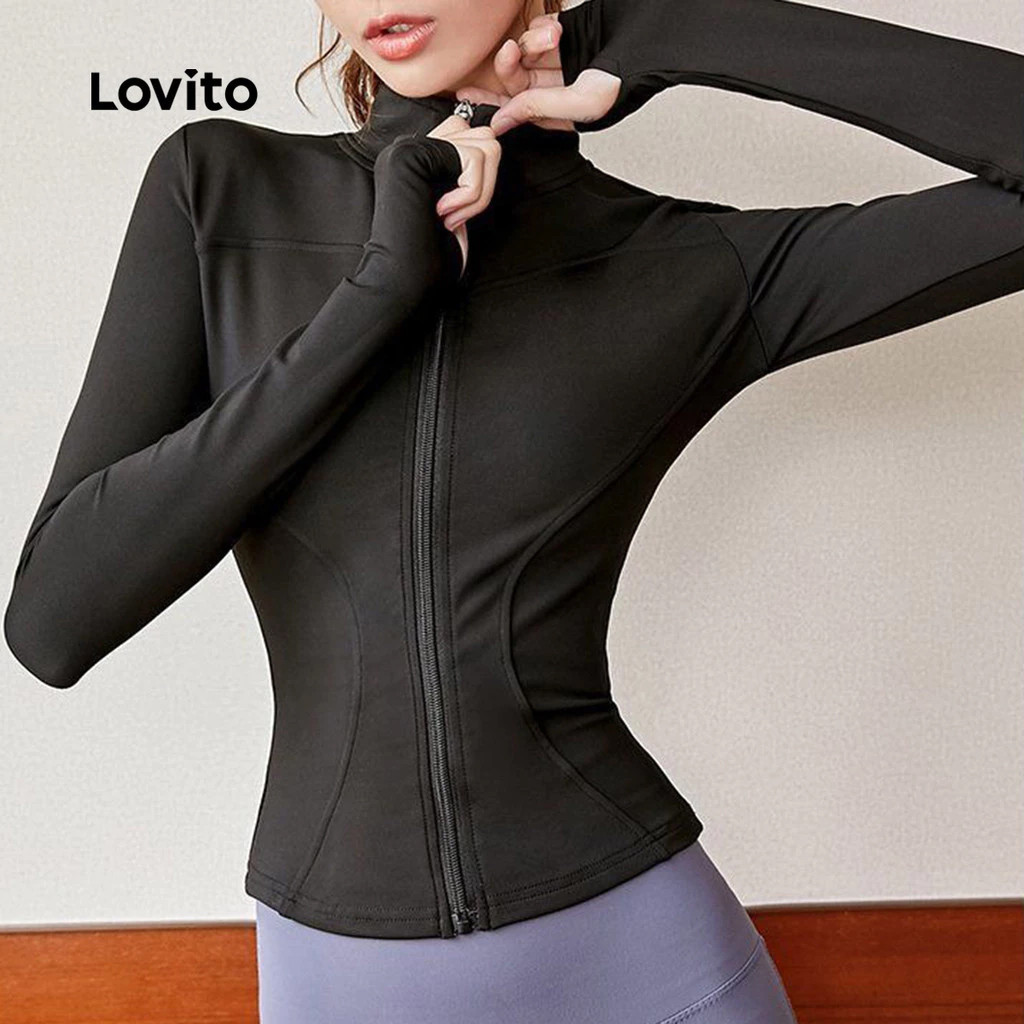 Detalhes do Lovito Jaqueta Esportiva Suave na Pele Elástica 4 Way Top Yoga Ajustada Seca Rápida LNA124047