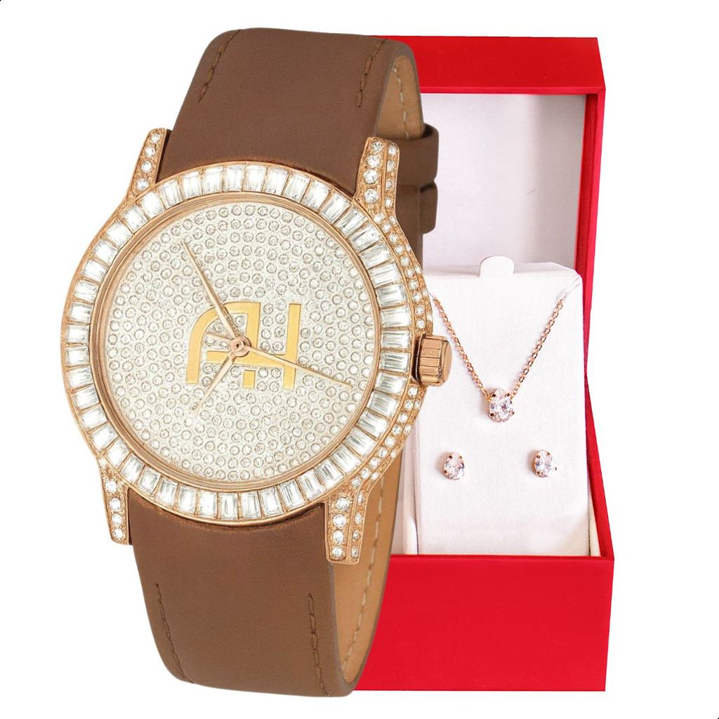 Relógio Champion Ana Hickmann Feminino Couro Marrom Cristais AH28393B Kit Colar