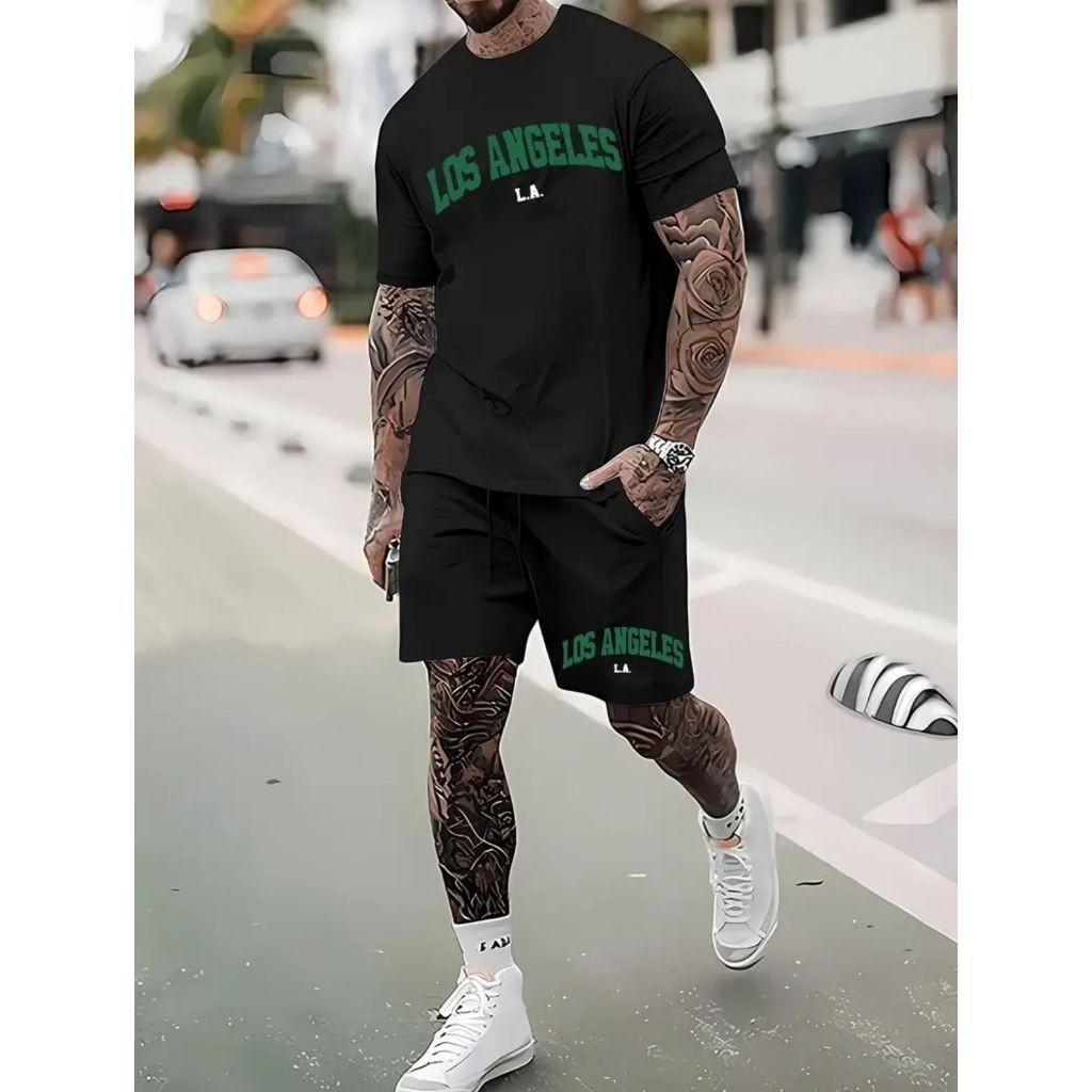 Conjunto Camiseta algodão Los Angeles  verde MasculinaUnissex StreetWear + Bermuda Los Angeles L.A.