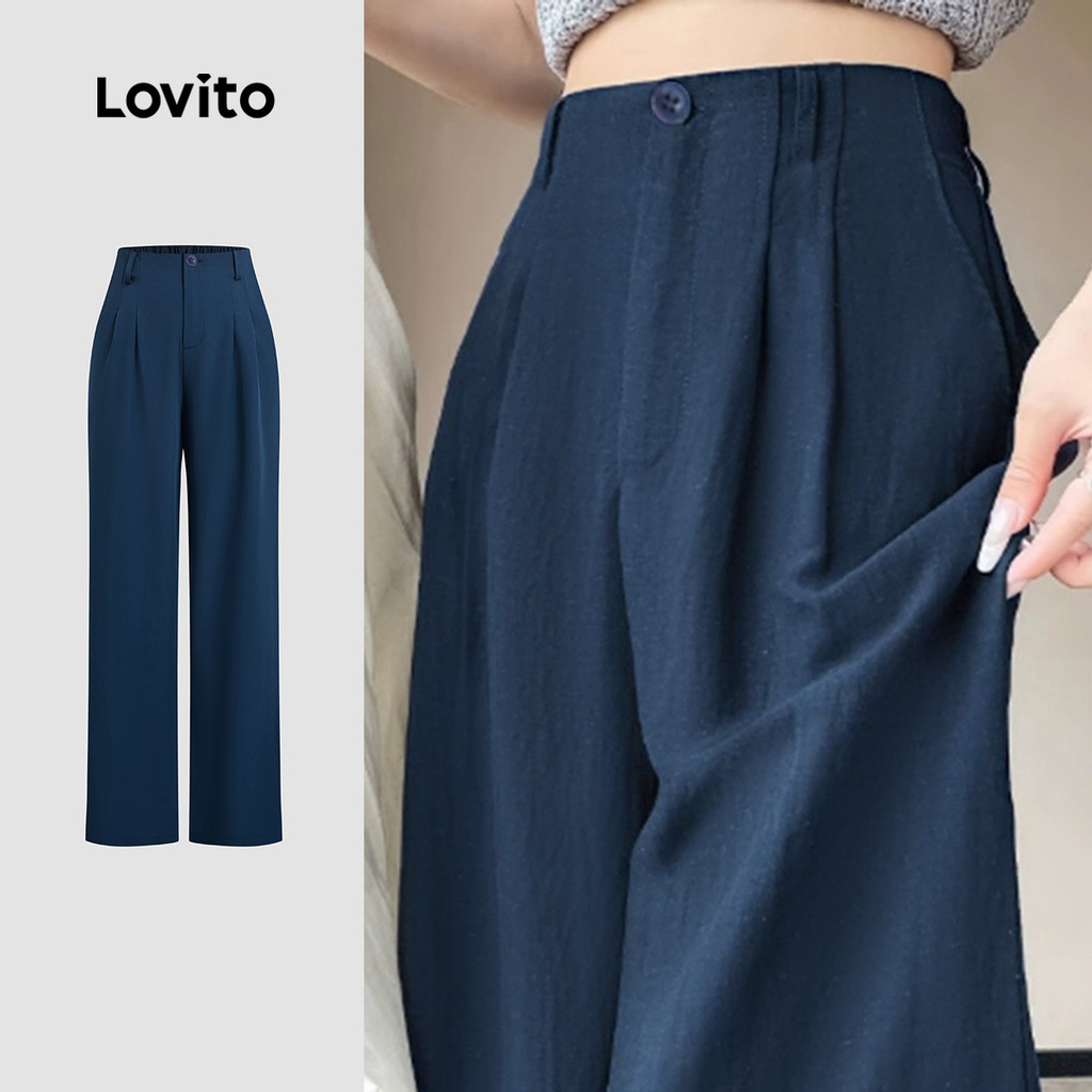 Lovito Calça Casual Clássica E Versátil Com Zíper Para Todas As Estações Na Cor Azul Marinho Para Mulheres L149ED084
